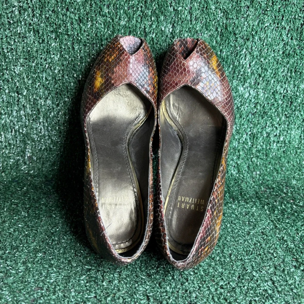 Stuart Weitzman Victoria Python Peep Toe Pumps Stiletto Heel Brown Women Sz 7.5M